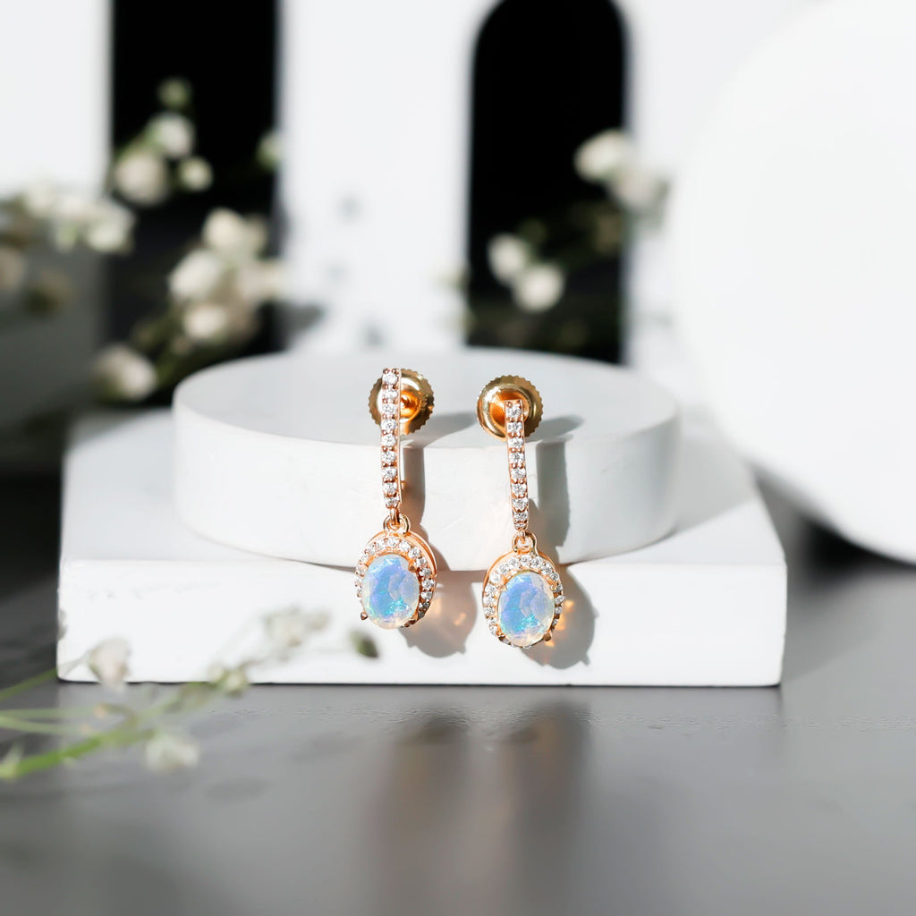 Ethiopian Opal Earrings – Oval Opal Hoop Earrings with Diamond Drop Design
