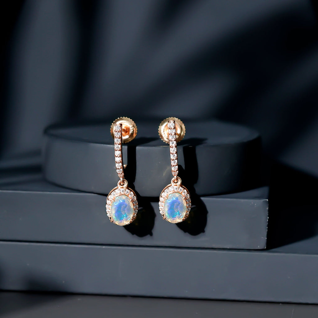 Ethiopian Opal Earrings – Oval Opal Hoop Earrings with Diamond Drop Design