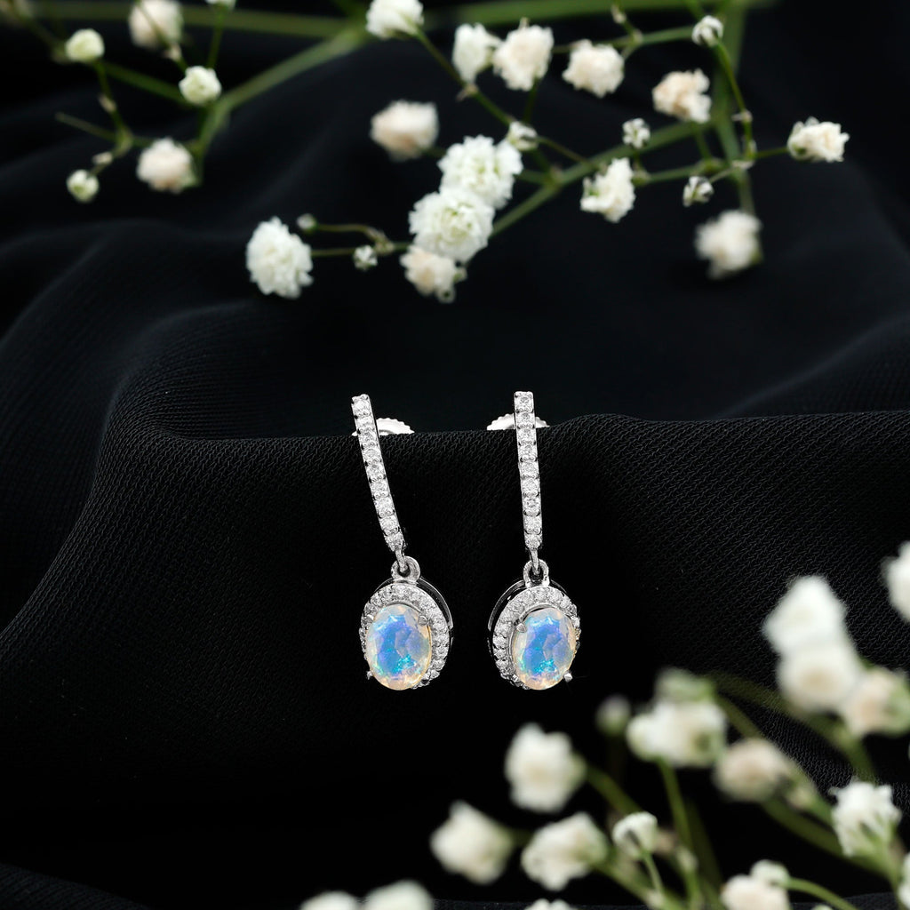 Ethiopian Opal Earrings – Oval Opal Hoop Earrings with Diamond Drop Design