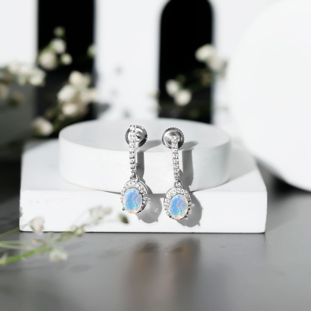 Ethiopian Opal Earrings – Oval Opal Hoop Earrings with Diamond Drop Design