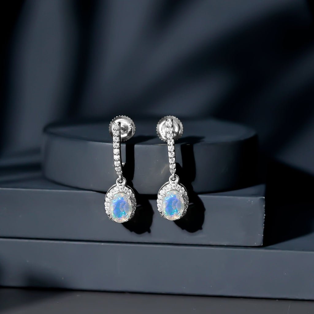 Ethiopian Opal Earrings – Oval Opal Hoop Earrings with Diamond Drop Design