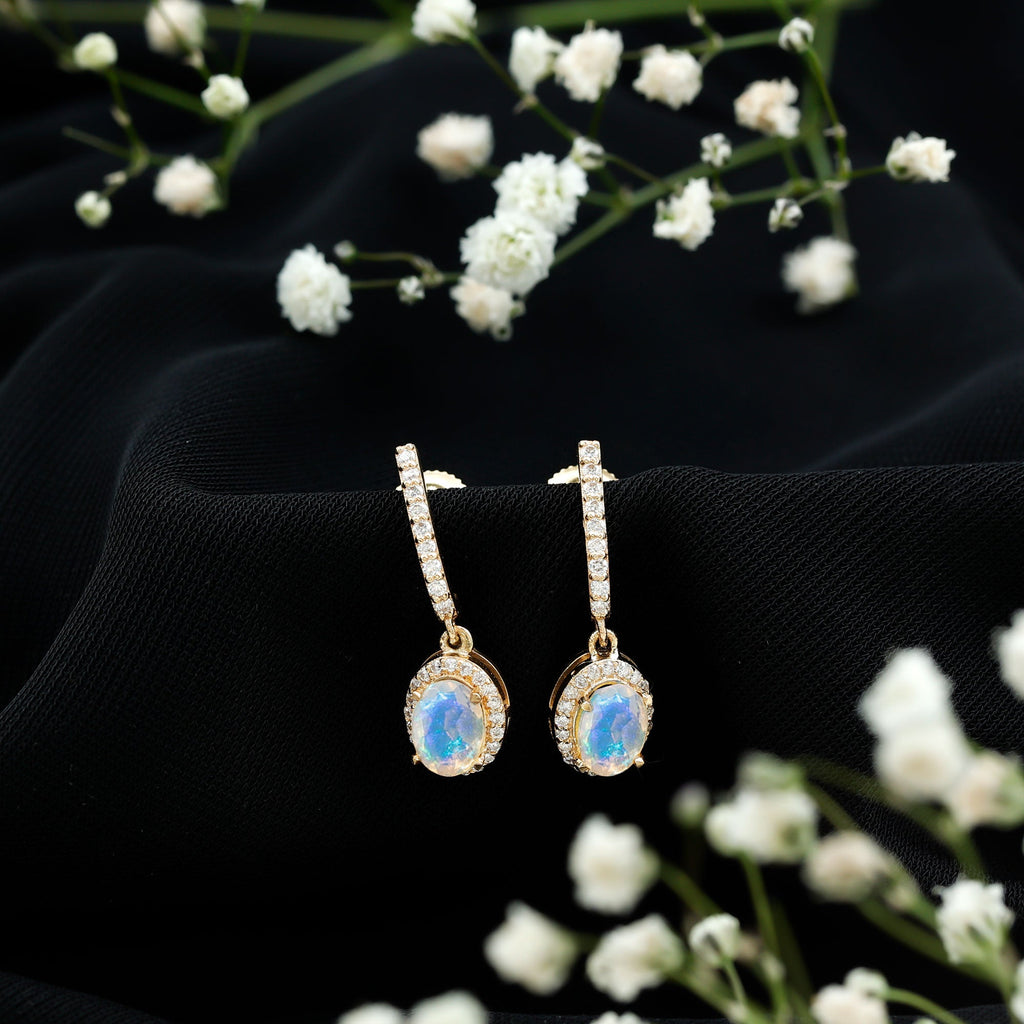 Ethiopian Opal Earrings – Oval Opal Hoop Earrings with Diamond Drop Design