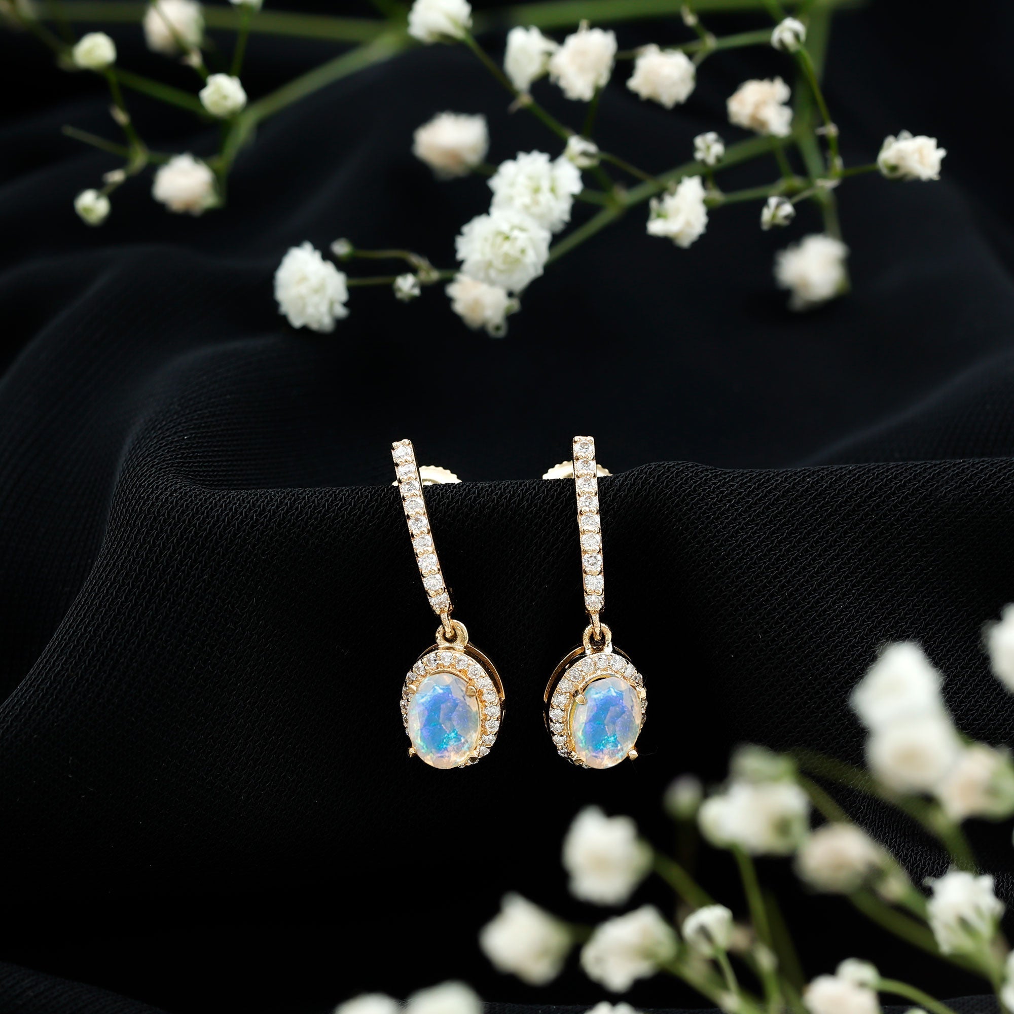 Ethiopian Opal Earrings – Oval Opal Hoop Earrings with Diamond Drop Design