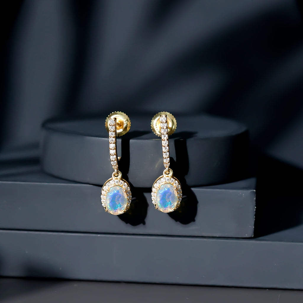 Ethiopian Opal Earrings – Oval Opal Hoop Earrings with Diamond Drop Design