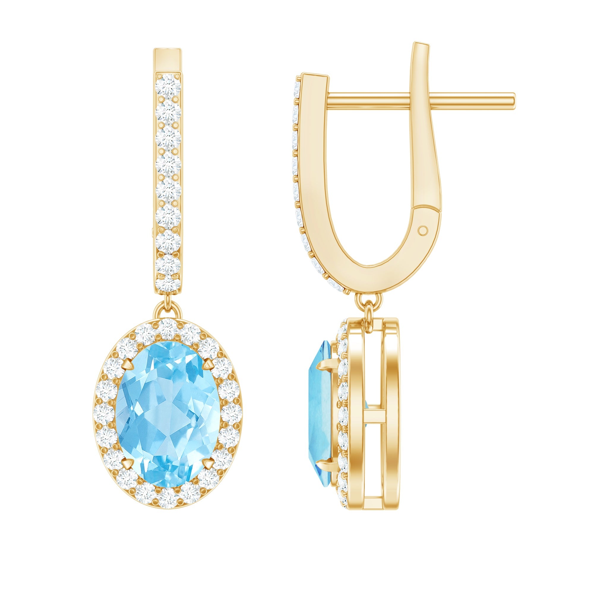 Aquamarine Drop Earrings – Oval Blue Gemstone with Diamond Halo Design