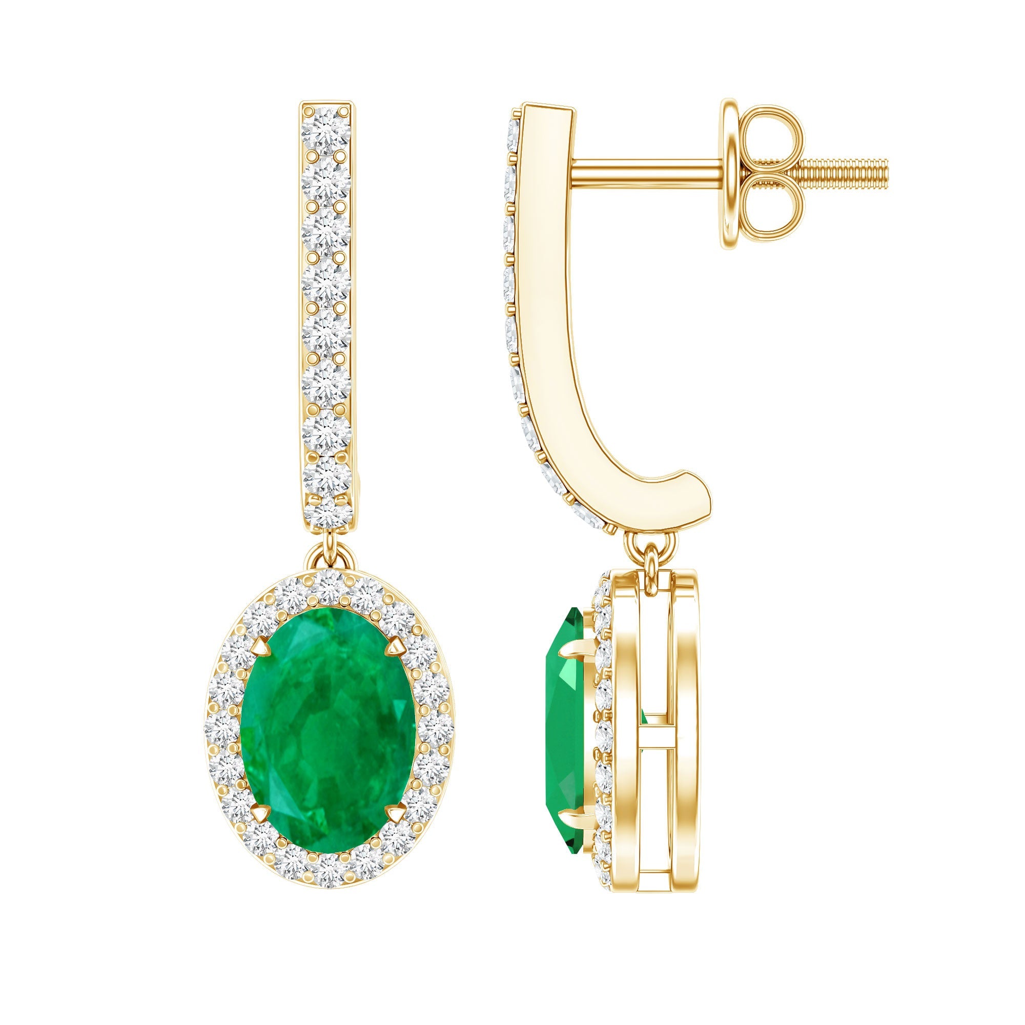 Emerald Hoop Earrings – Oval Emerald Drop With Diamond Halo & Secure Screw Back