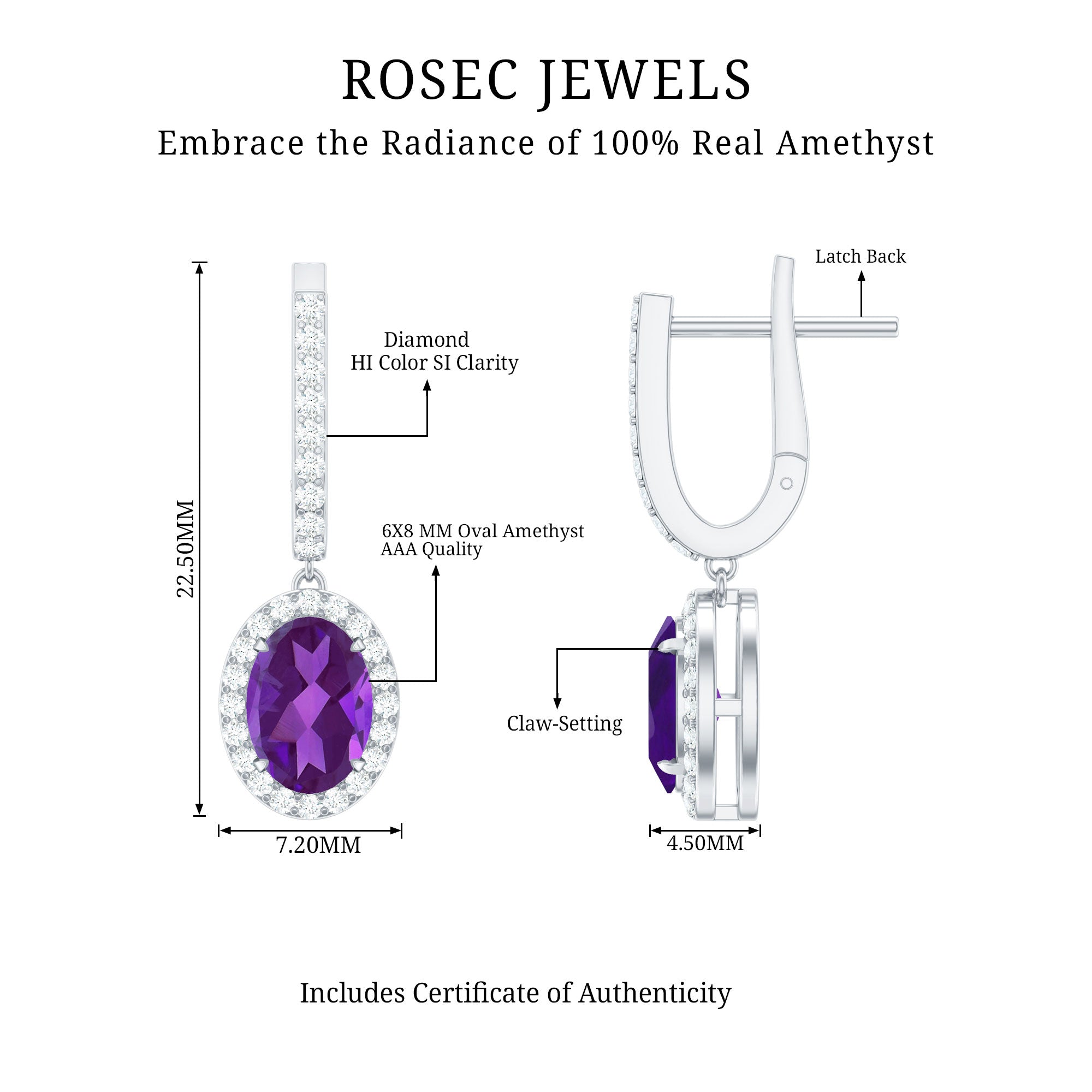 Amethyst Hoop Earrings – Oval Amethyst Dangle with Diamond Halo Drop