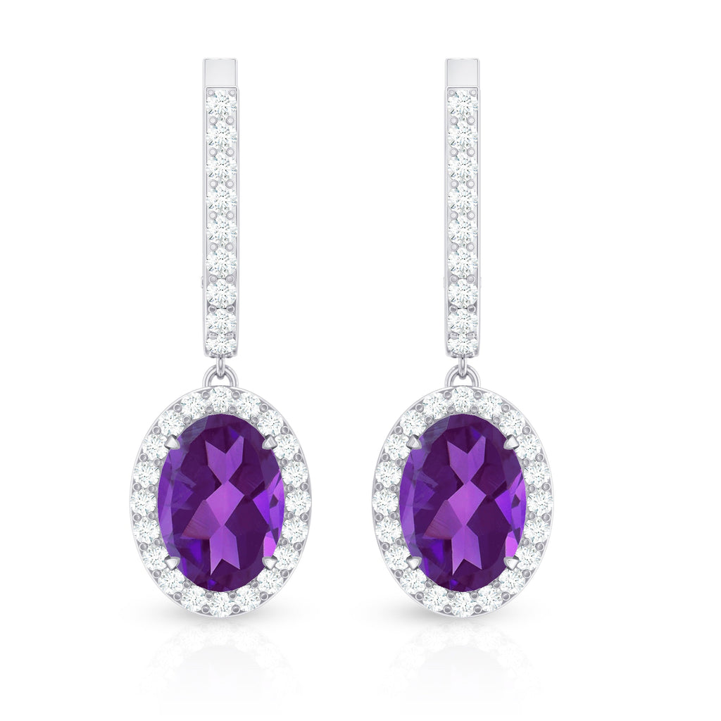 Amethyst Hoop Earrings – Oval Amethyst Dangle with Diamond Halo Drop