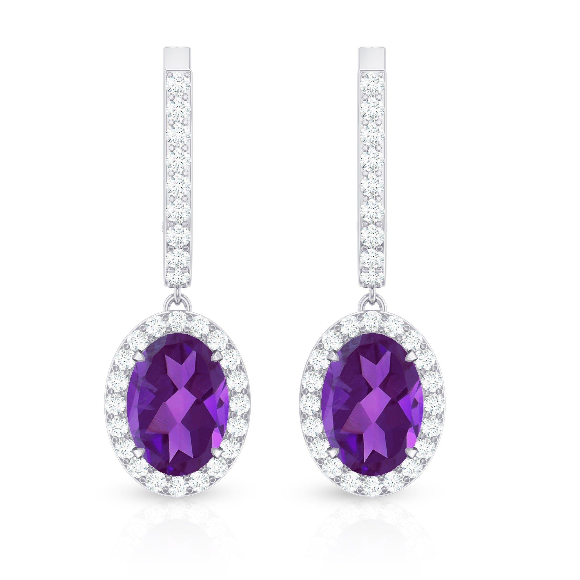 Amethyst Hoop Earrings – Oval Amethyst Dangle with Diamond Halo Drop