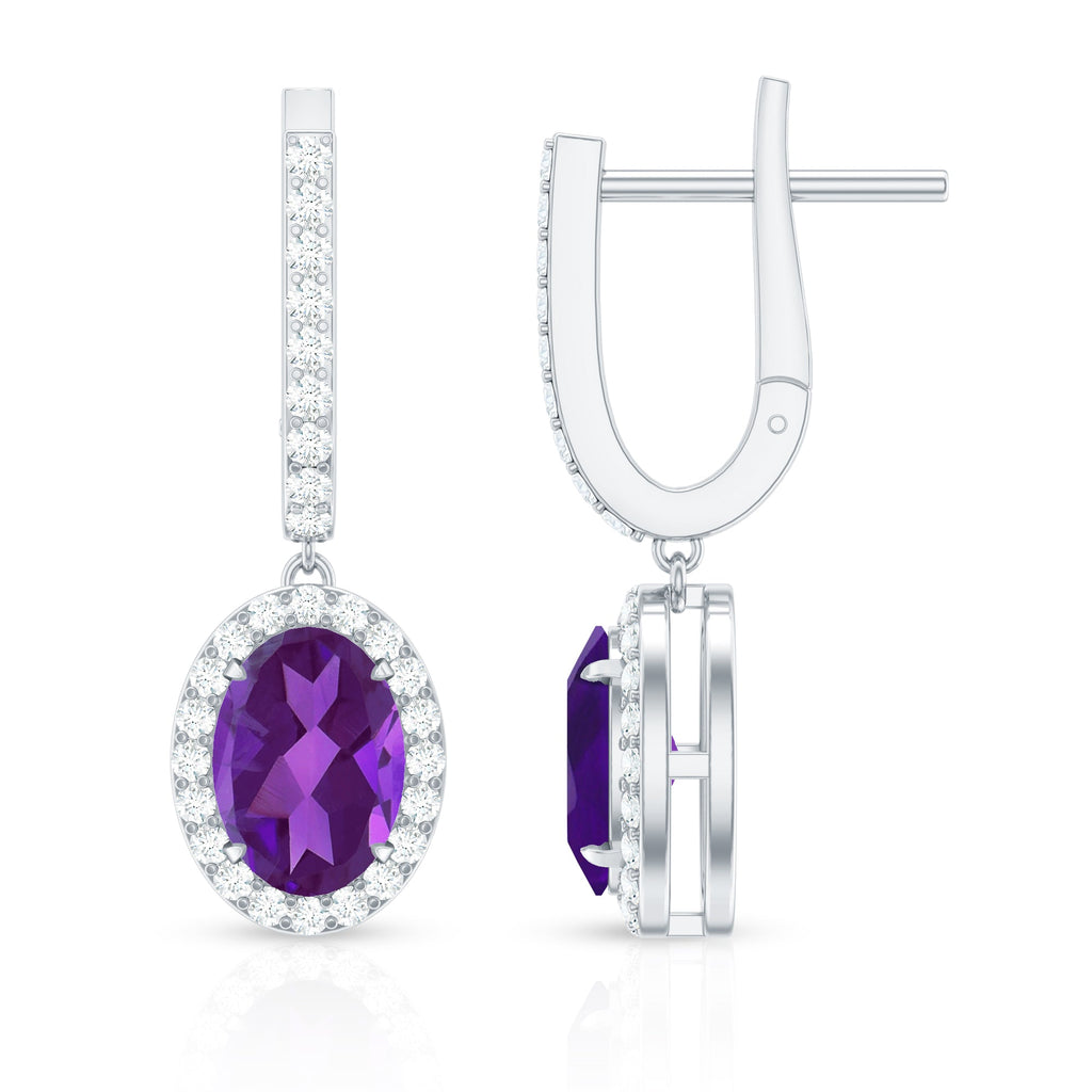 Amethyst Hoop Earrings – Oval Amethyst Dangle with Diamond Halo Drop