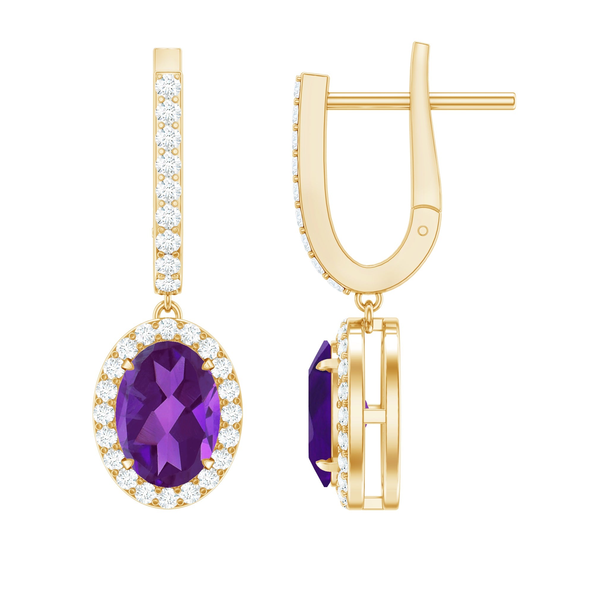 Amethyst Hoop Earrings – Oval Amethyst Dangle with Diamond Halo Drop