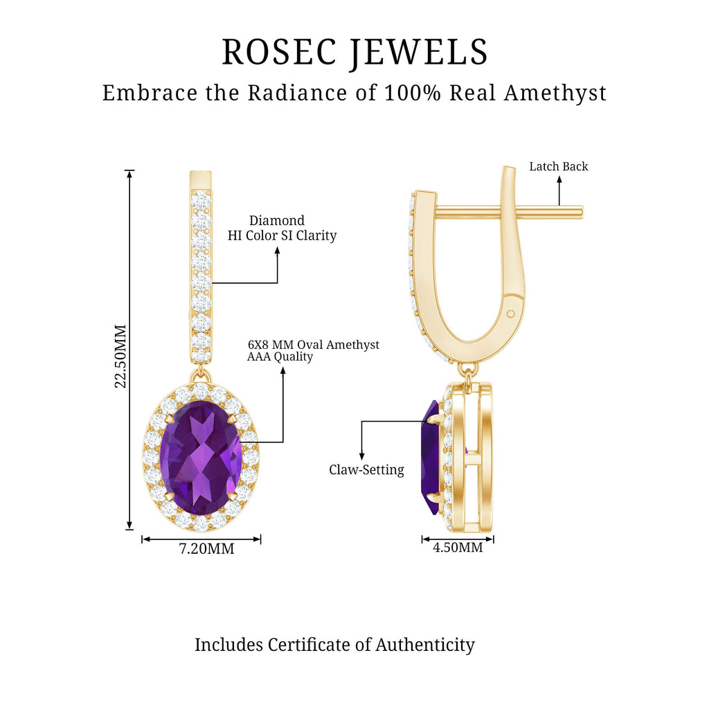 Amethyst Hoop Earrings – Oval Amethyst Dangle with Diamond Halo Drop