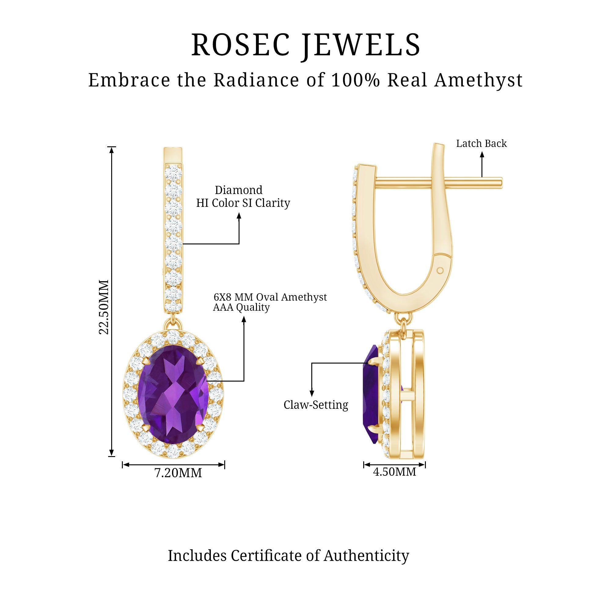Amethyst Hoop Earrings – Oval Amethyst Dangle with Diamond Halo Drop