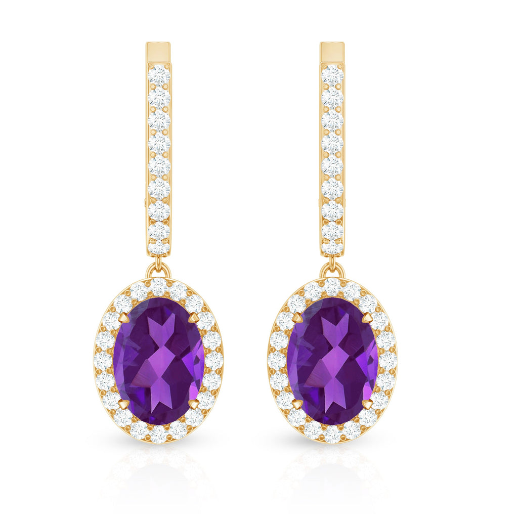 Amethyst Hoop Earrings – Oval Amethyst Dangle with Diamond Halo Drop
