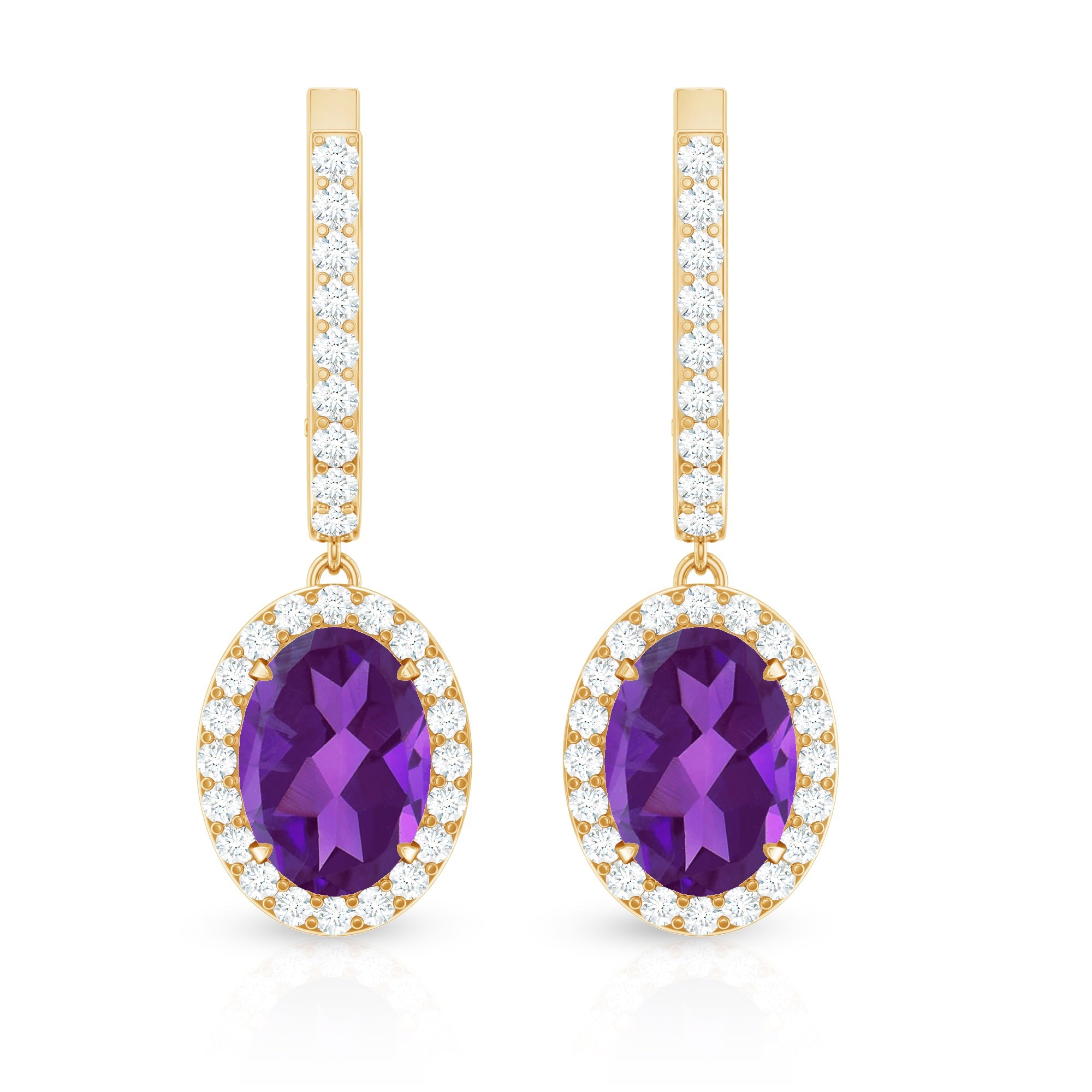 Amethyst Hoop Earrings – Oval Amethyst Dangle with Diamond Halo Drop