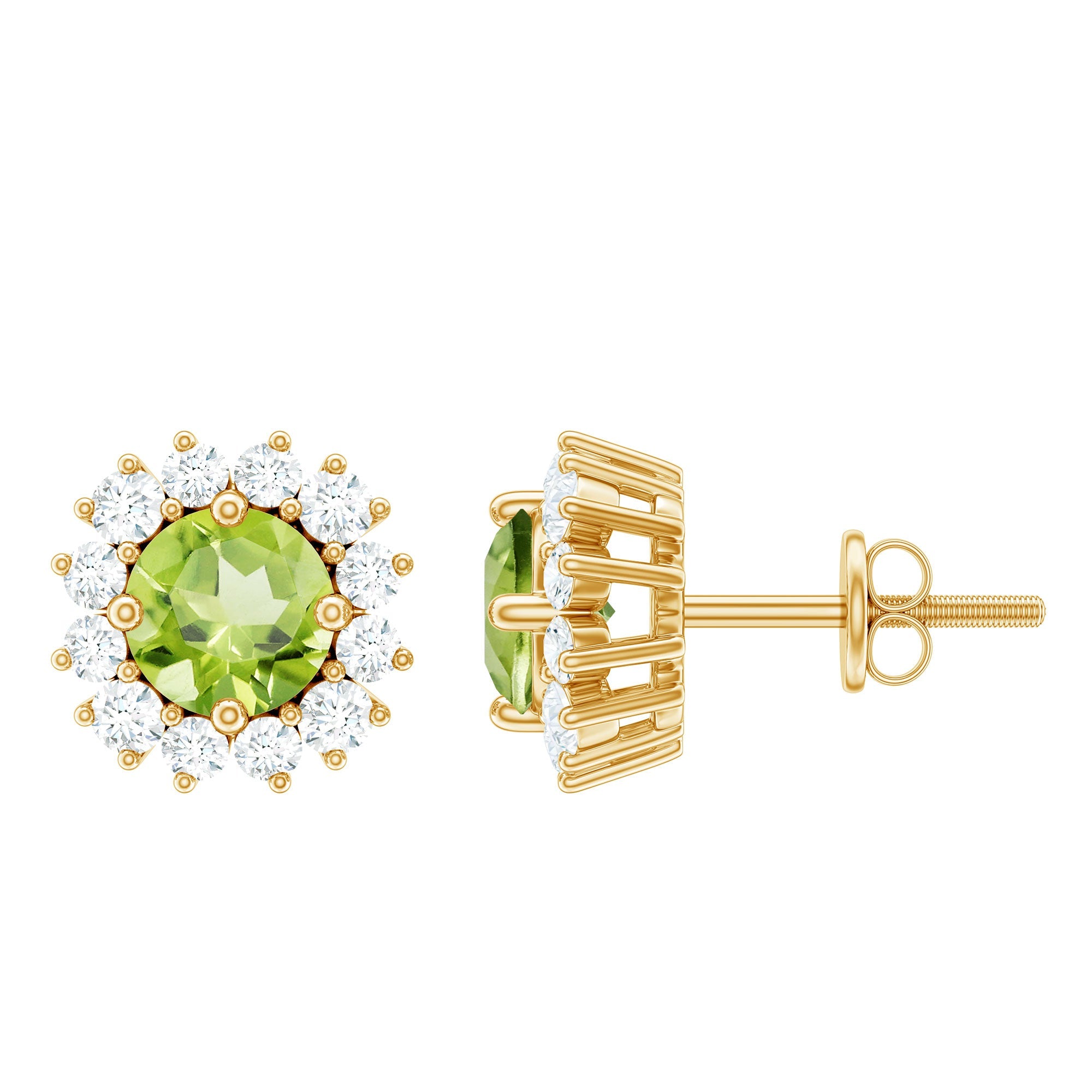 Peridot Stud Earrings – Natural Green Gemstone with Diamond Halo | Secure Screw Back