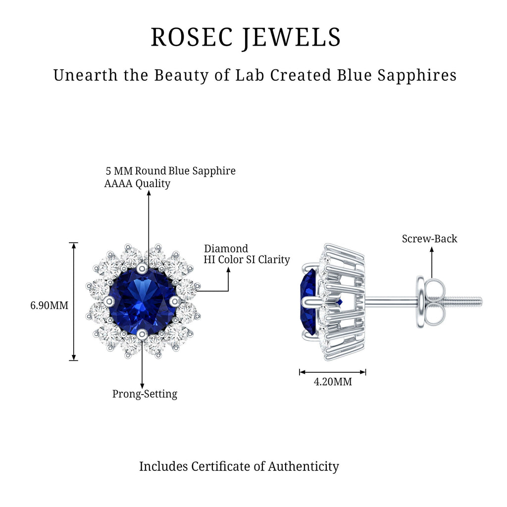 Brilliant Cut Lab Created Blue Sapphire Stud Earrings with Diamond Halo