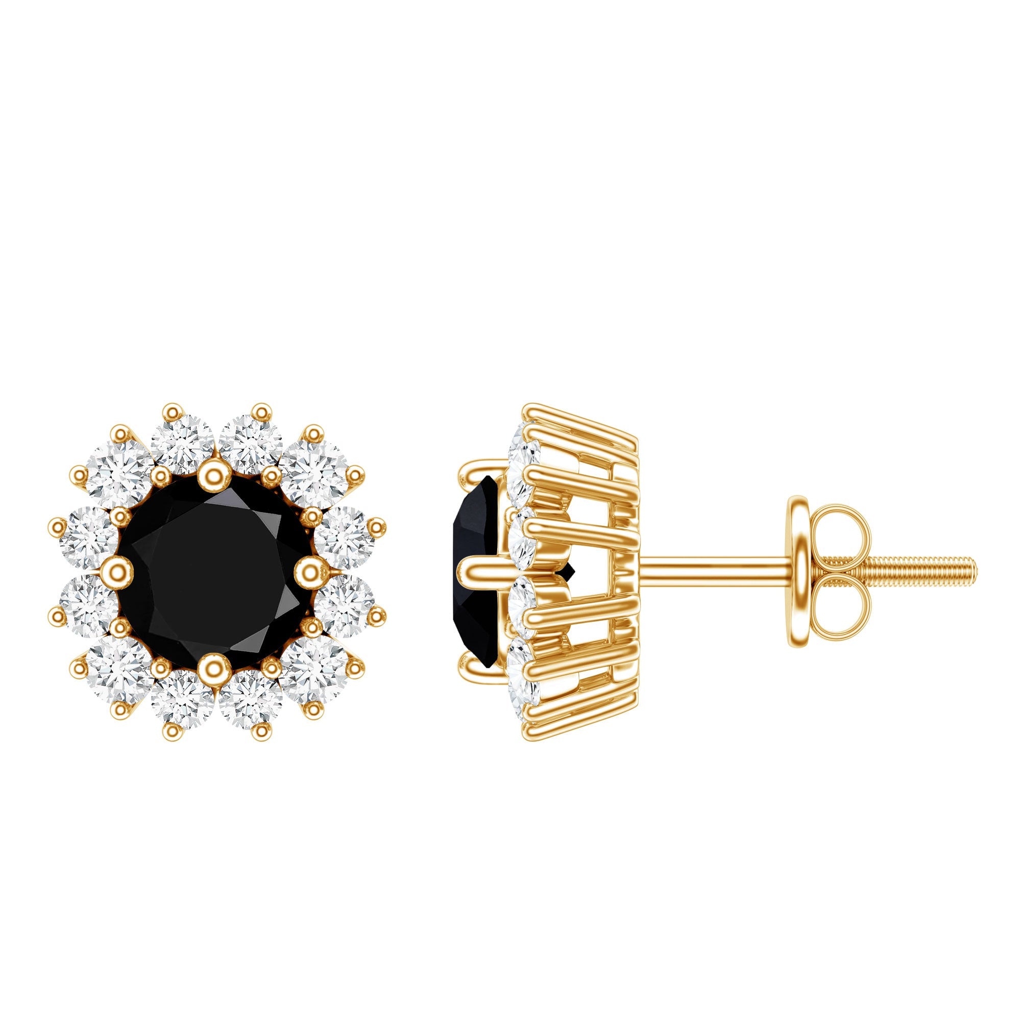 Certified Natural Black Onyx Stud Earrings with Diamond Halo