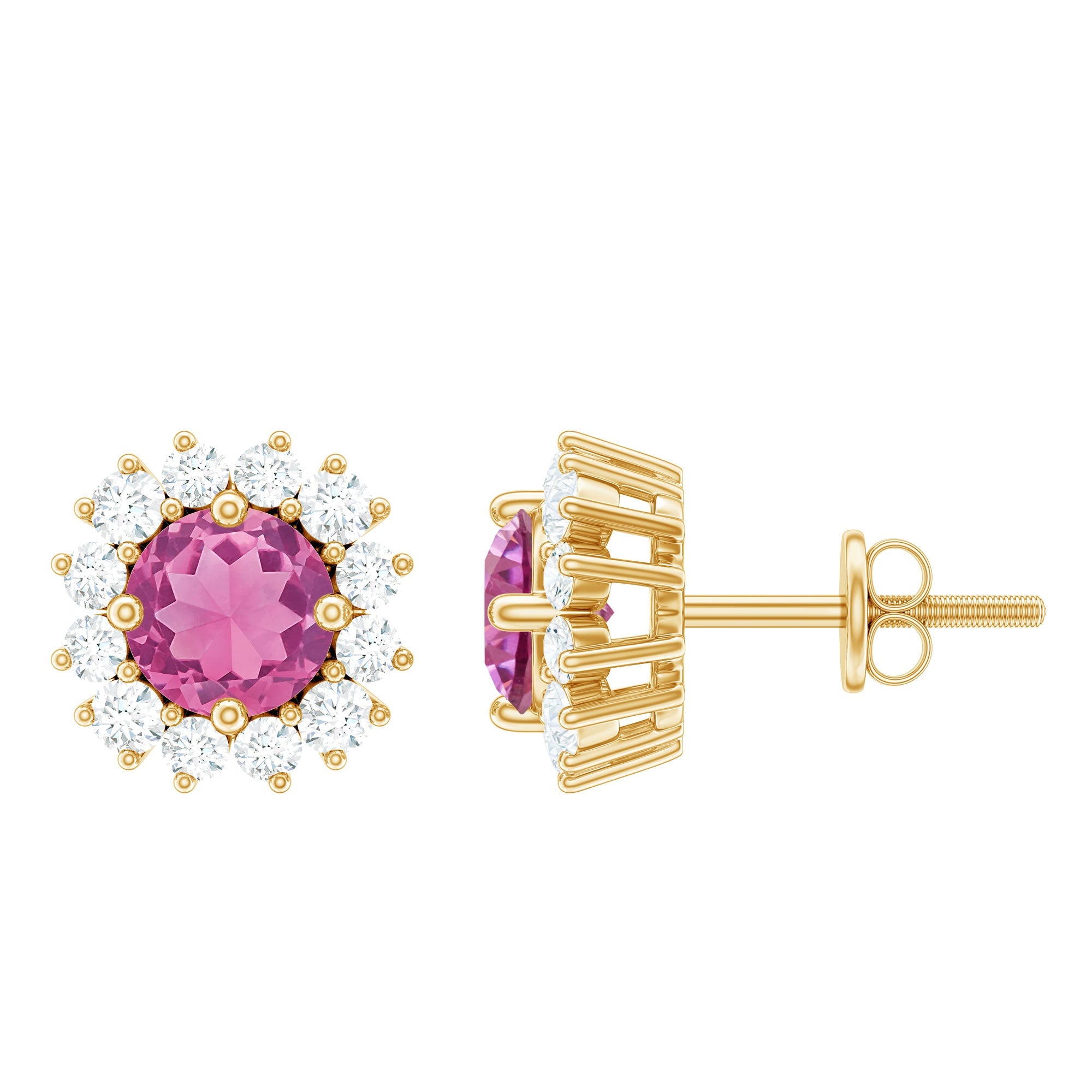 Pink Tourmaline Earrings – Diamond Halo Studs with AAA Quality Tourmaline Gems