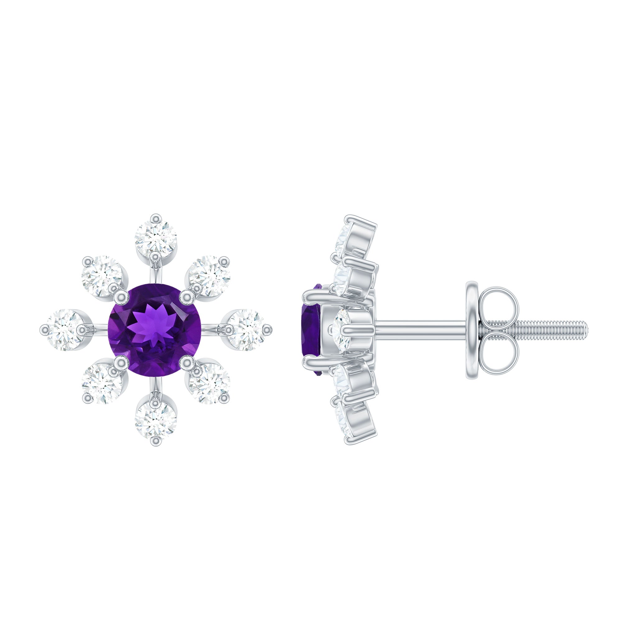Natural Amethyst Diamond Snowflake Earrings with Screw Back
