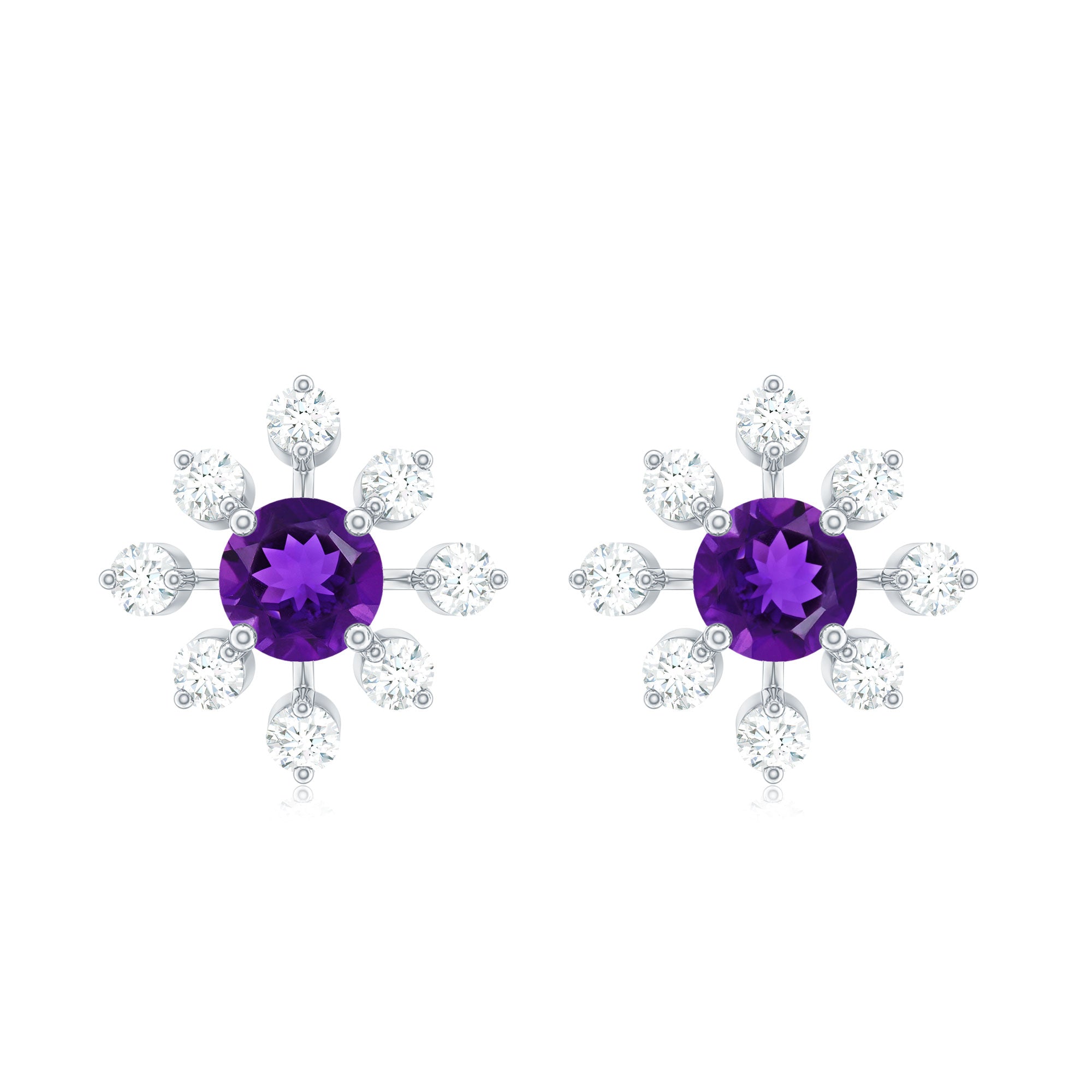 Natural Amethyst Diamond Snowflake Earrings with Screw Back