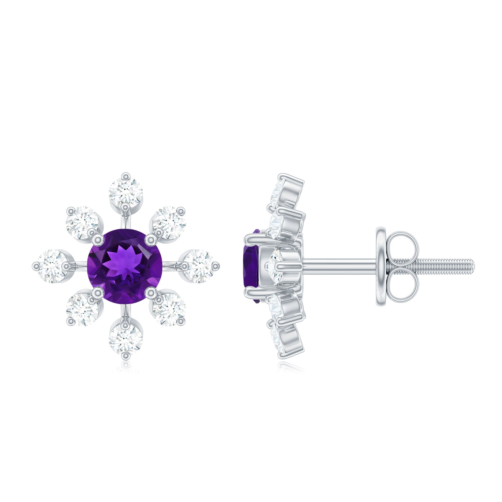 Natural Amethyst Diamond Snowflake Earrings with Screw Back