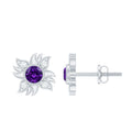 0.9 Carat Round Shape Amethyst and Diamond Sunburst Stud Earrings