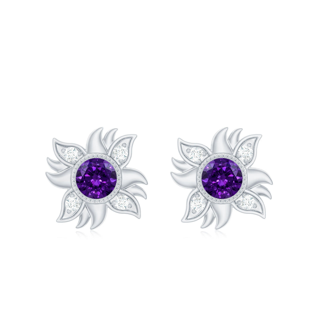 0.9 Carat Round Shape Amethyst and Diamond Sunburst Stud Earrings
