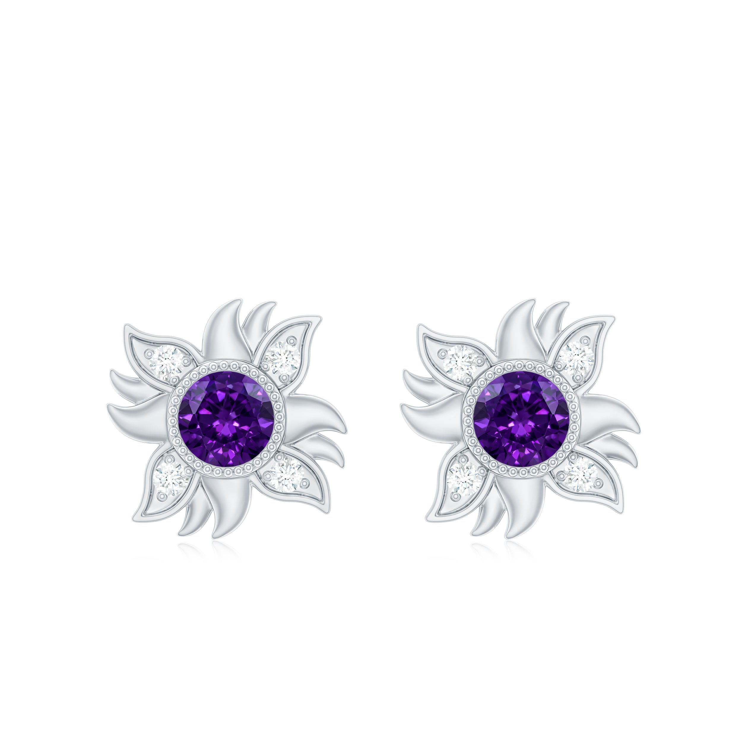 0.9 Carat Round Shape Amethyst and Diamond Sunburst Stud Earrings