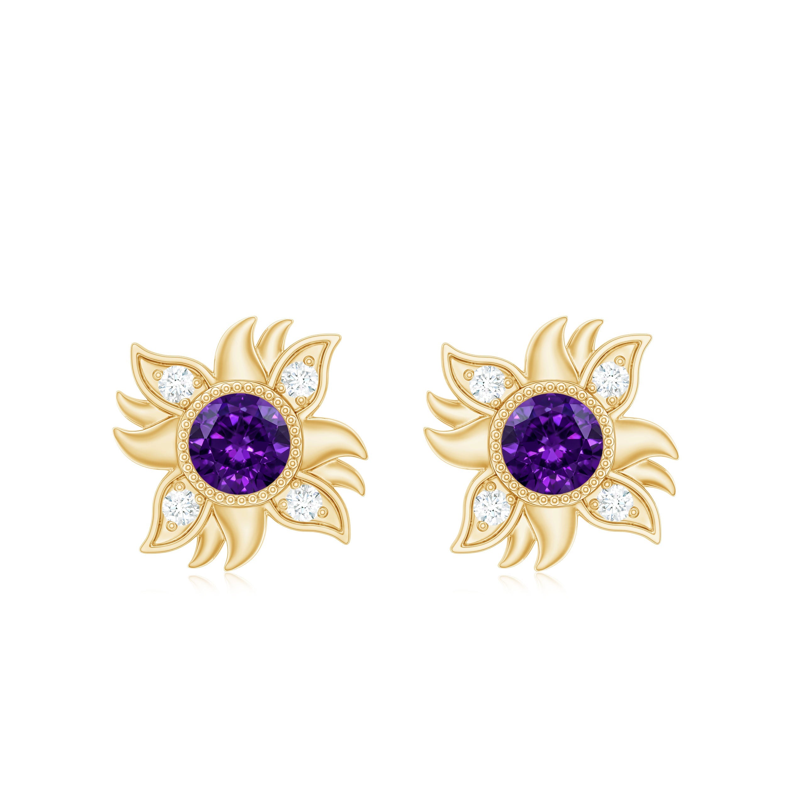 0.9 Carat Round Shape Amethyst and Diamond Sunburst Stud Earrings