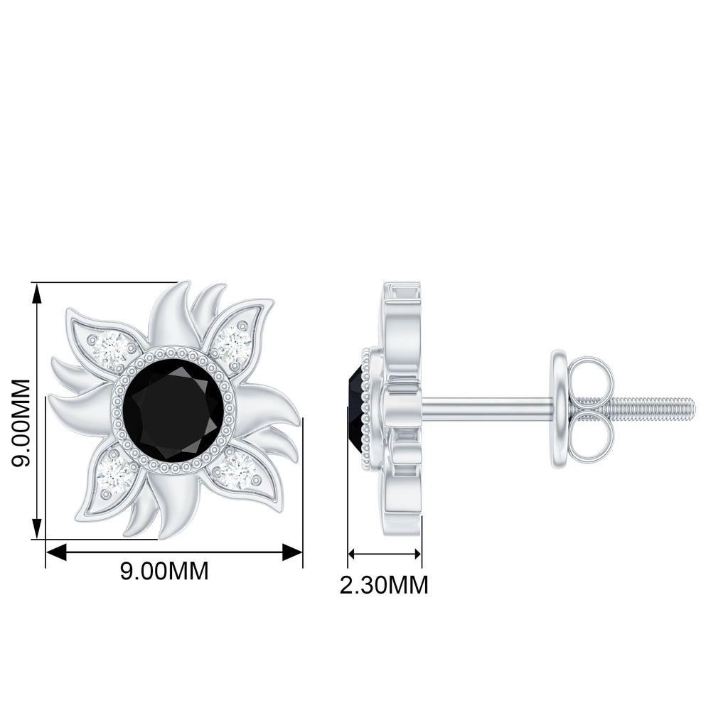 Round Shape Black Onyx and Diamond Sunburst Stud Earrings
