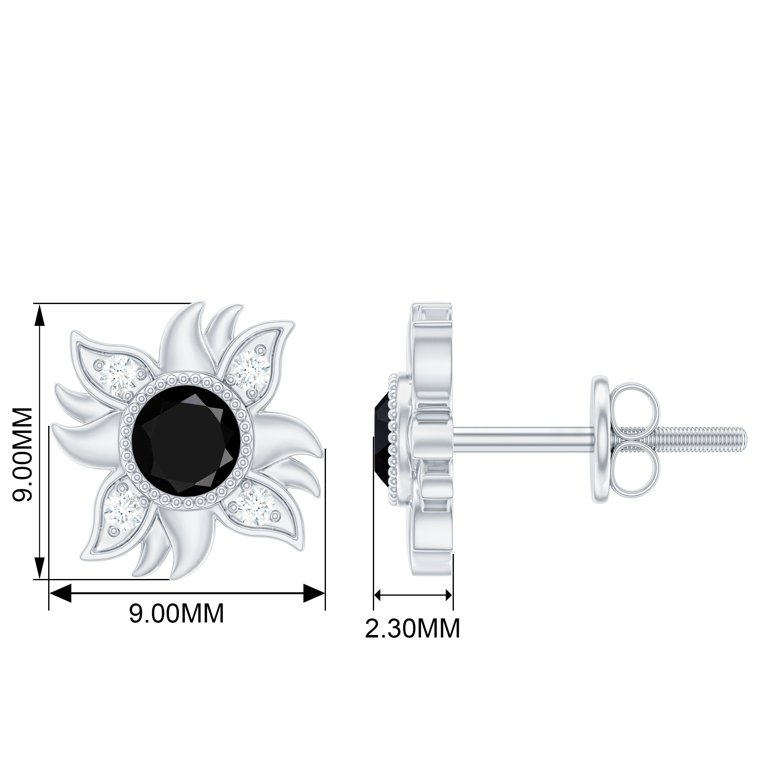 Round Shape Black Onyx and Diamond Sunburst Stud Earrings