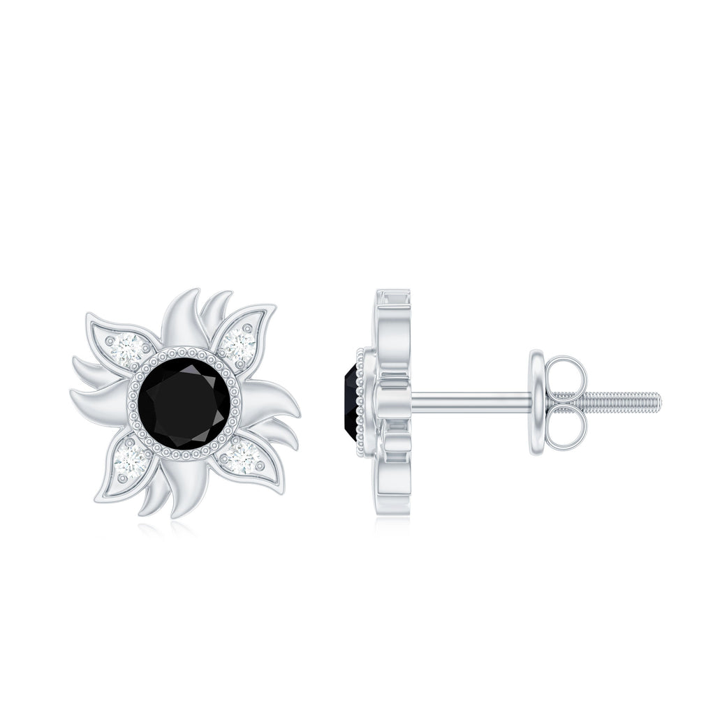 Round Shape Black Onyx and Diamond Sunburst Stud Earrings
