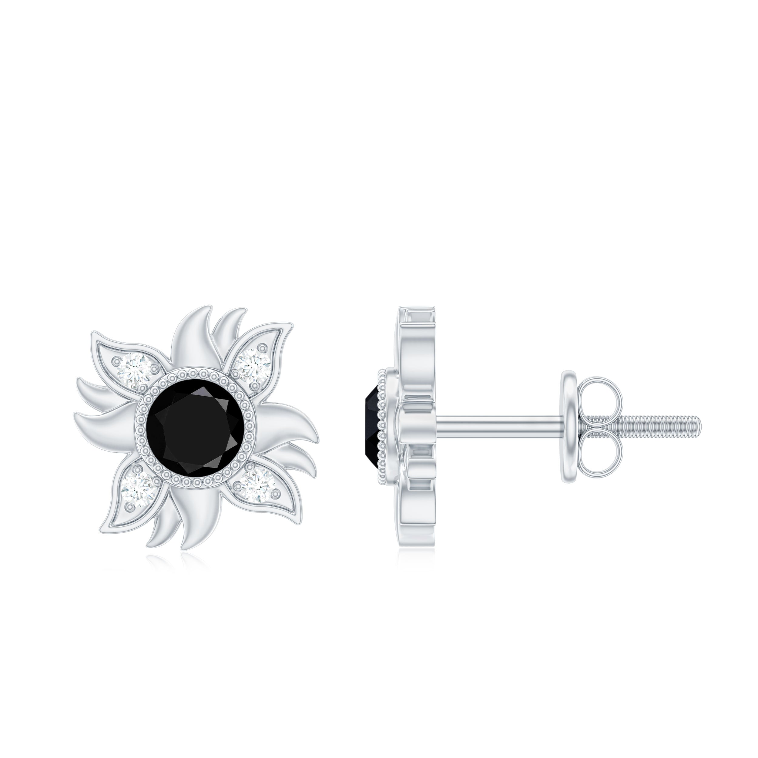 Round Shape Black Onyx and Diamond Sunburst Stud Earrings