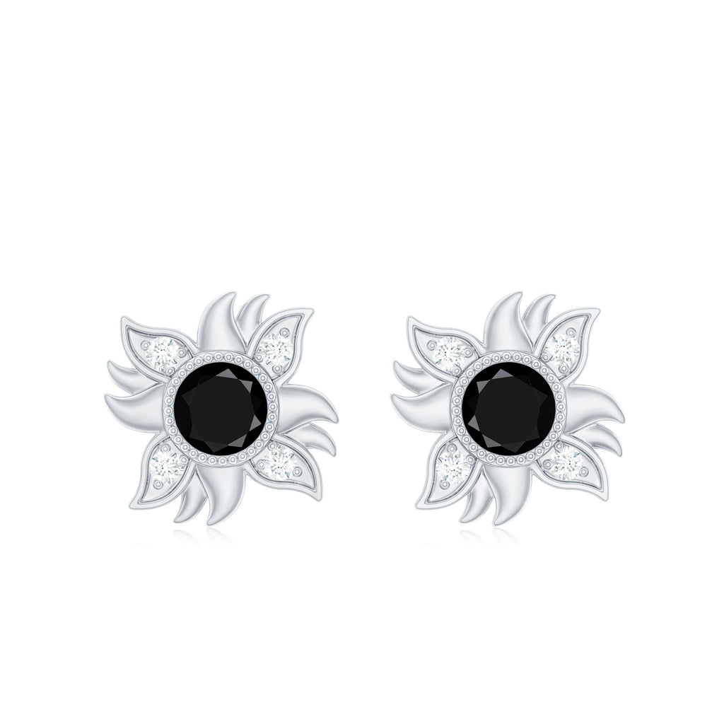 Round Shape Black Onyx and Diamond Sunburst Stud Earrings