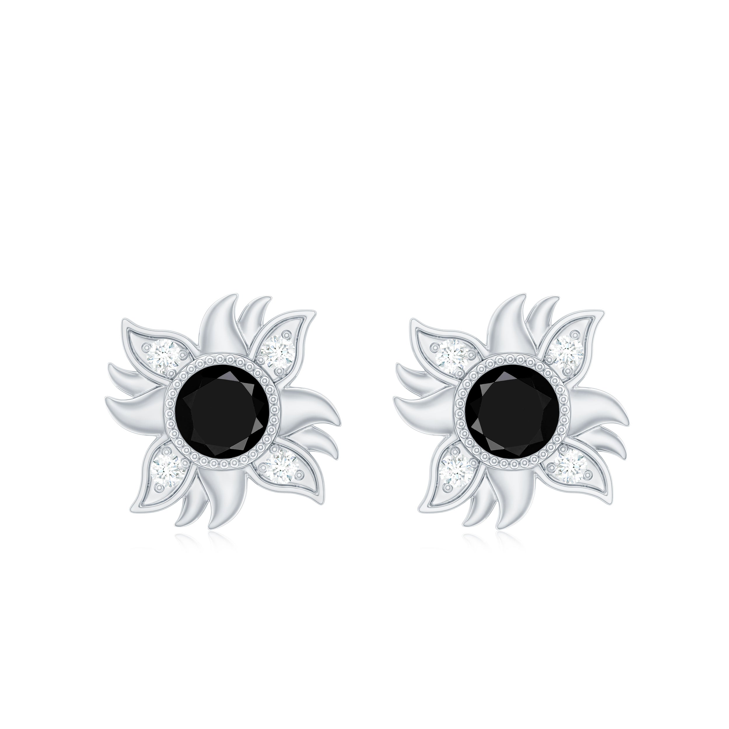 Round Shape Black Onyx and Diamond Sunburst Stud Earrings