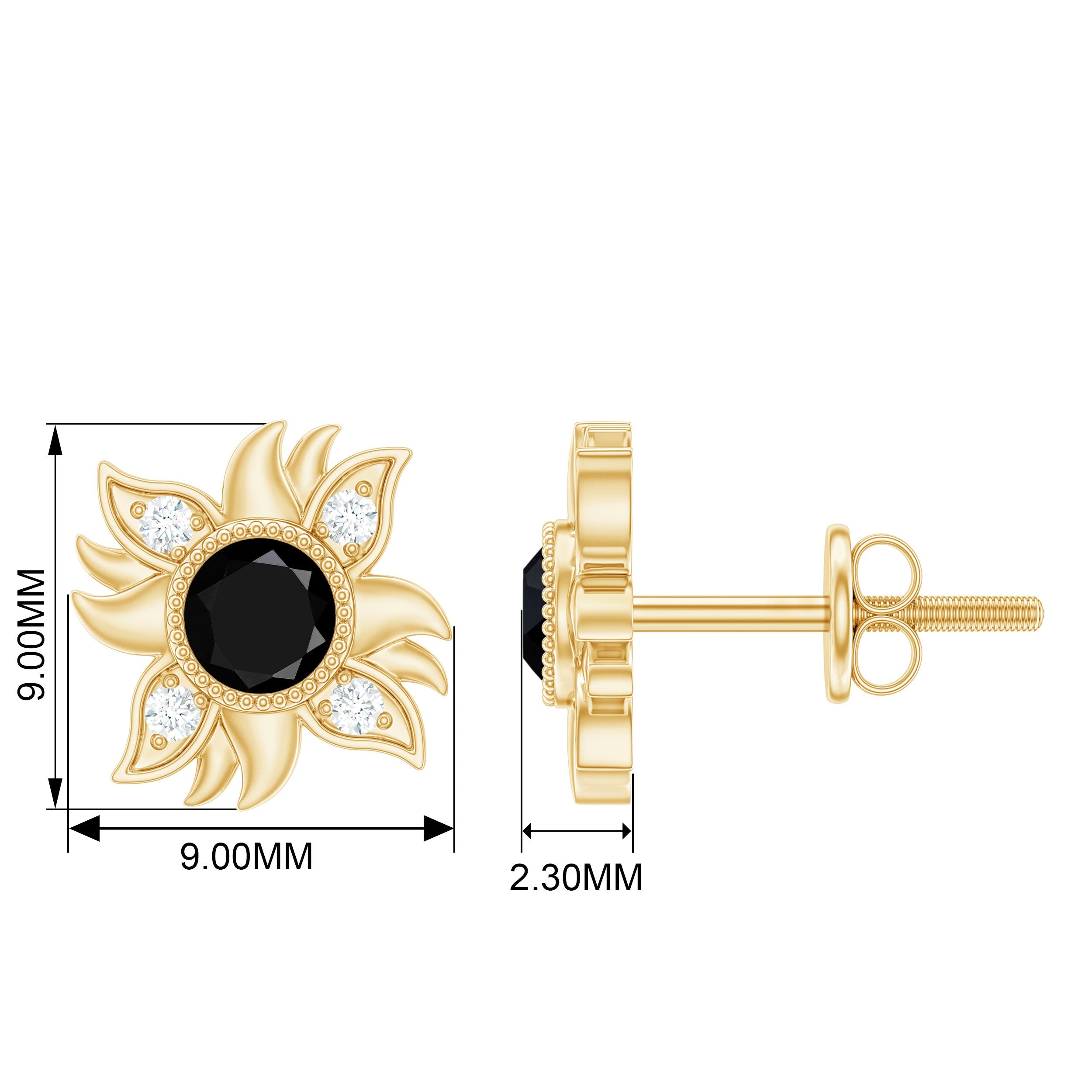 Round Shape Black Onyx and Diamond Sunburst Stud Earrings
