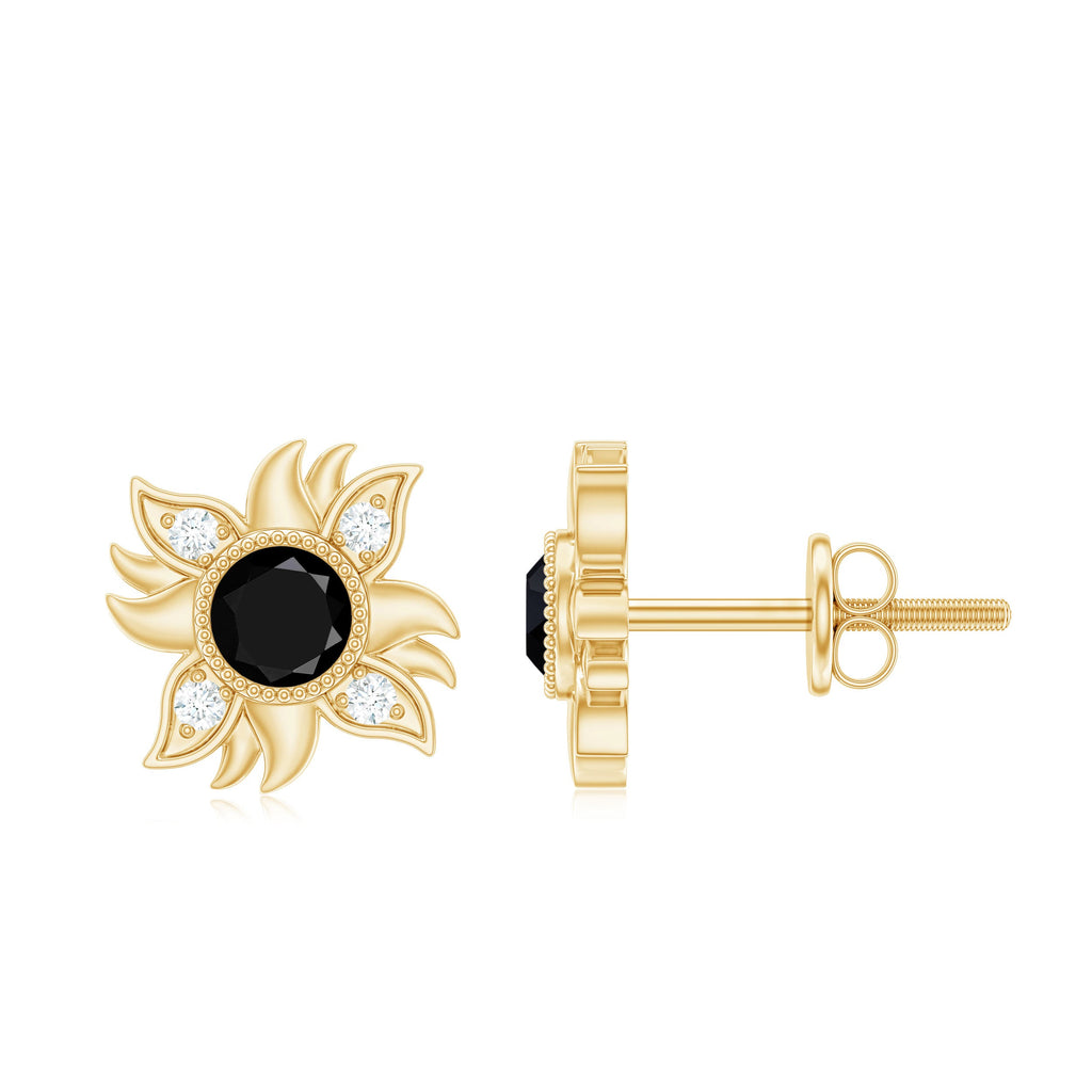 Round Shape Black Onyx and Diamond Sunburst Stud Earrings