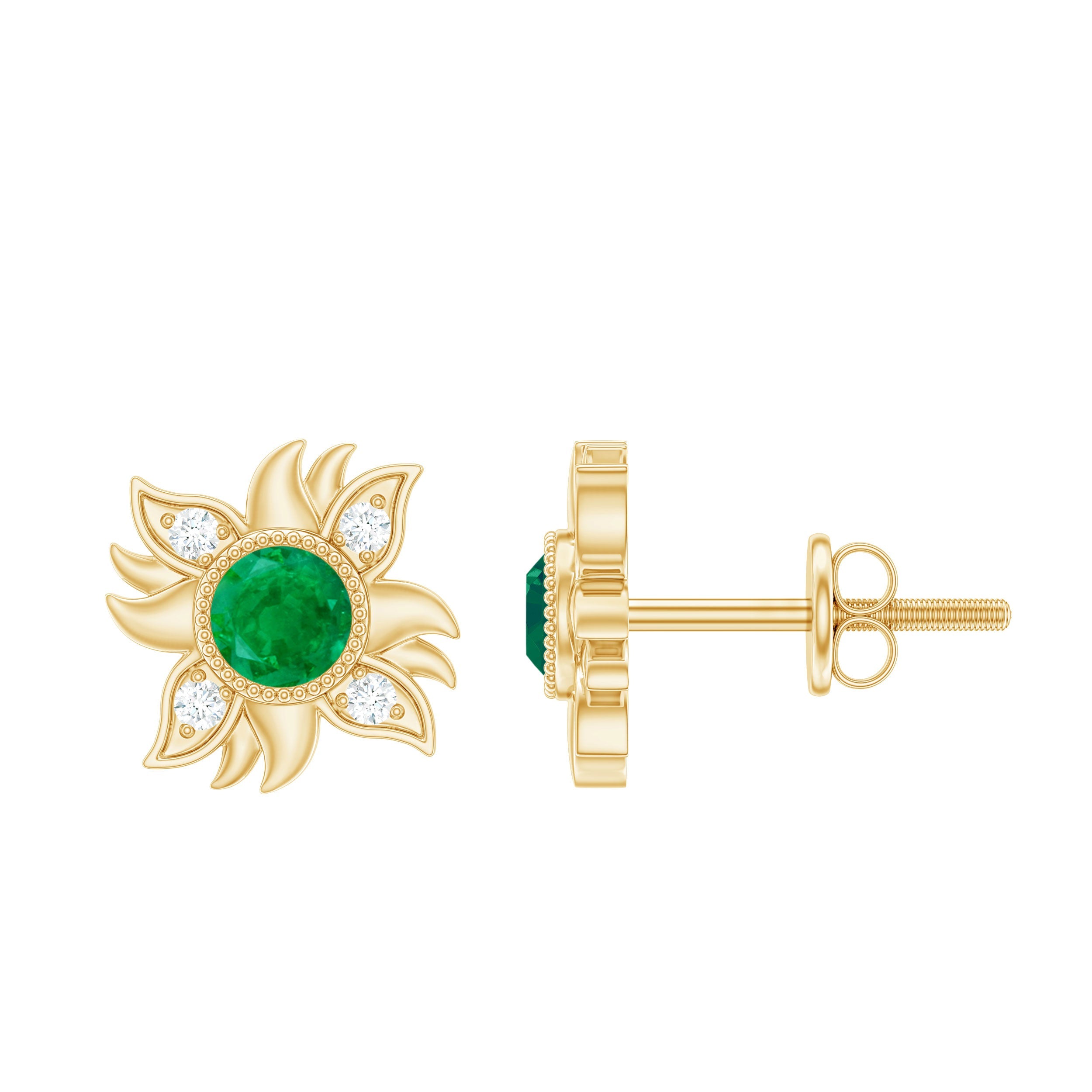 Emerald Diamond Stud Earrings – Round Emerald Sunburst Studs With Screw Back