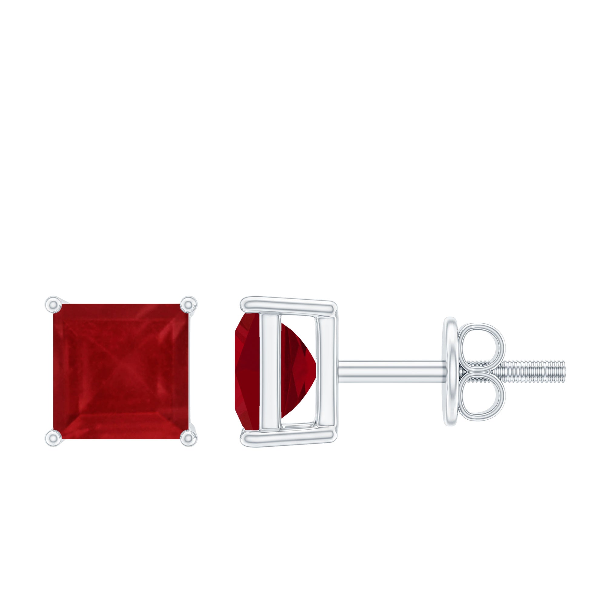 Ruby Solitaire Stud Earrings – 0.9 Carat Princess Cut Ruby, AAA Quality