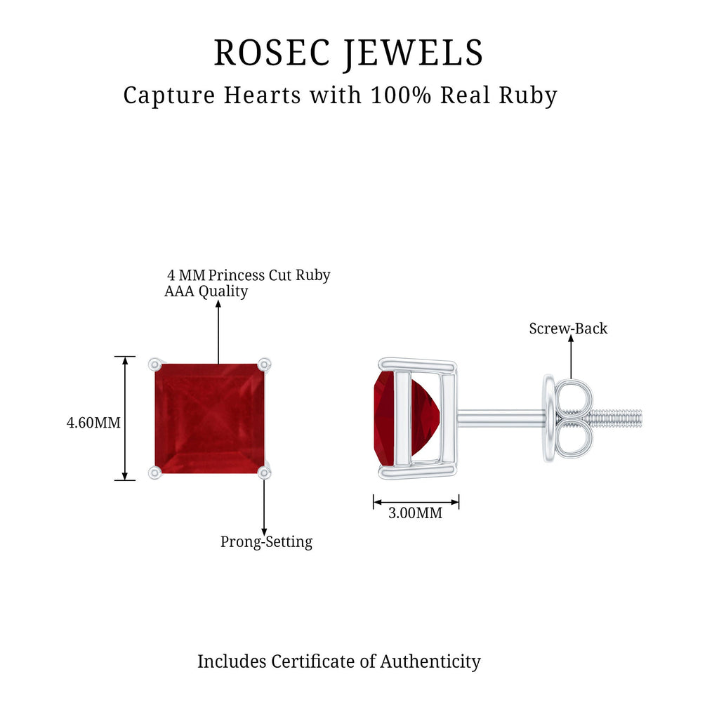 Ruby Solitaire Stud Earrings – 0.9 Carat Princess Cut Ruby, AAA Quality