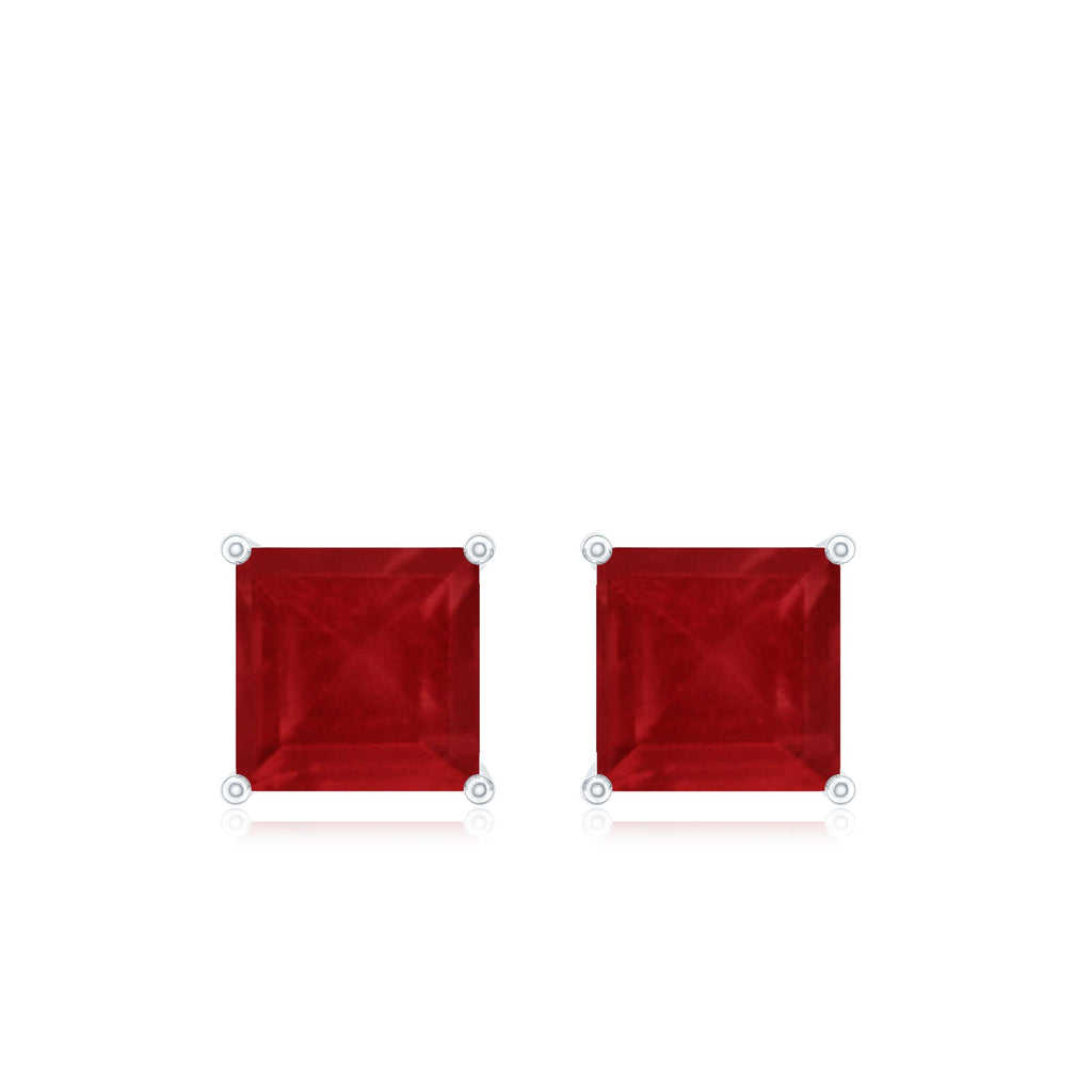 Ruby Solitaire Stud Earrings – 0.9 Carat Princess Cut Ruby, AAA Quality