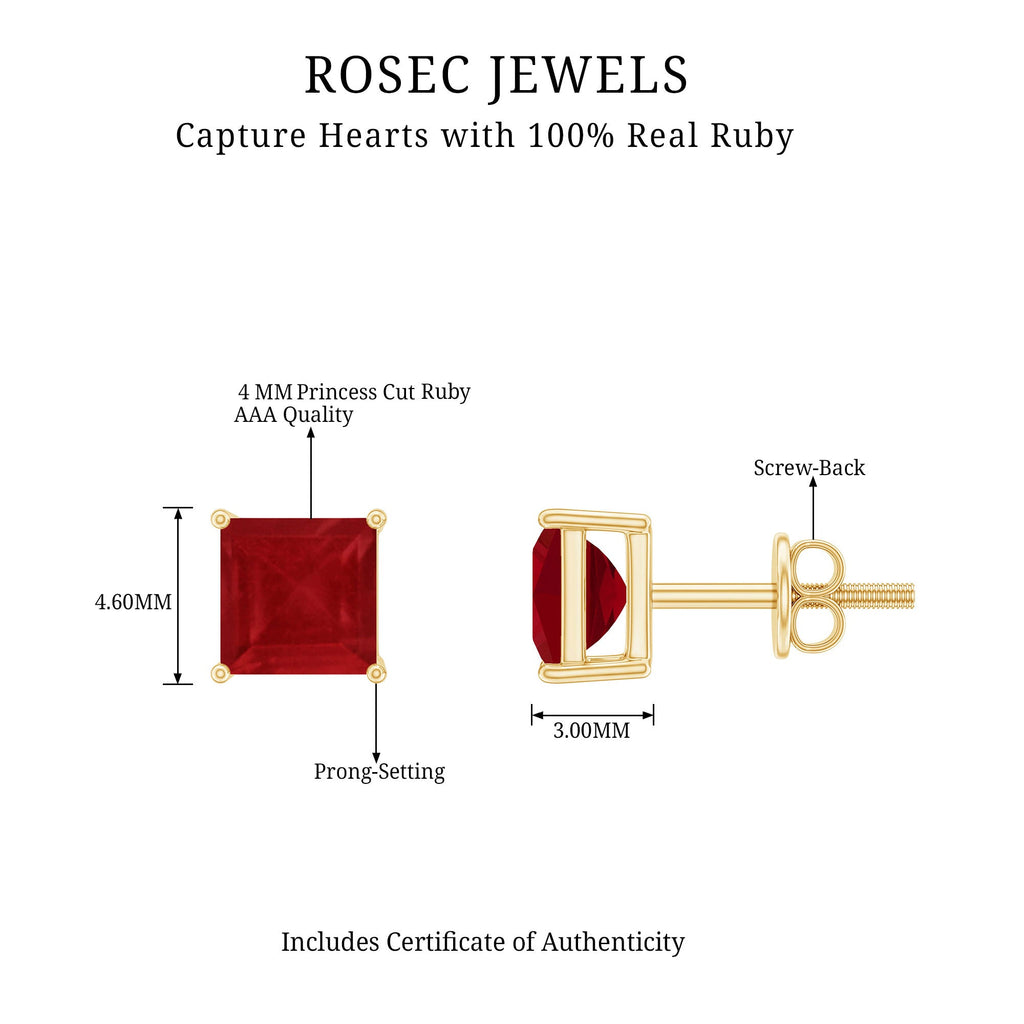 Ruby Solitaire Stud Earrings – 0.9 Carat Princess Cut Ruby, AAA Quality