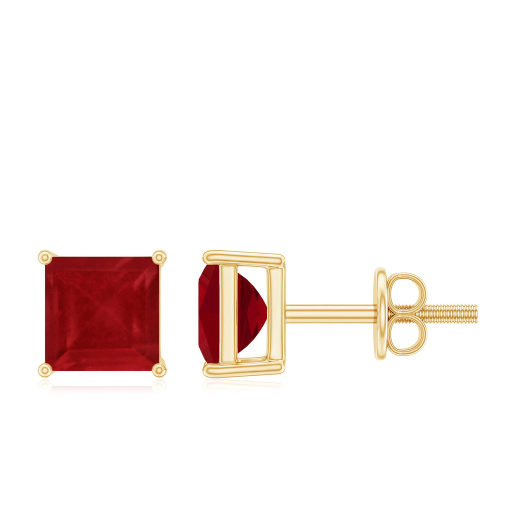 Ruby Solitaire Stud Earrings – 0.9 Carat Princess Cut Ruby, AAA Quality