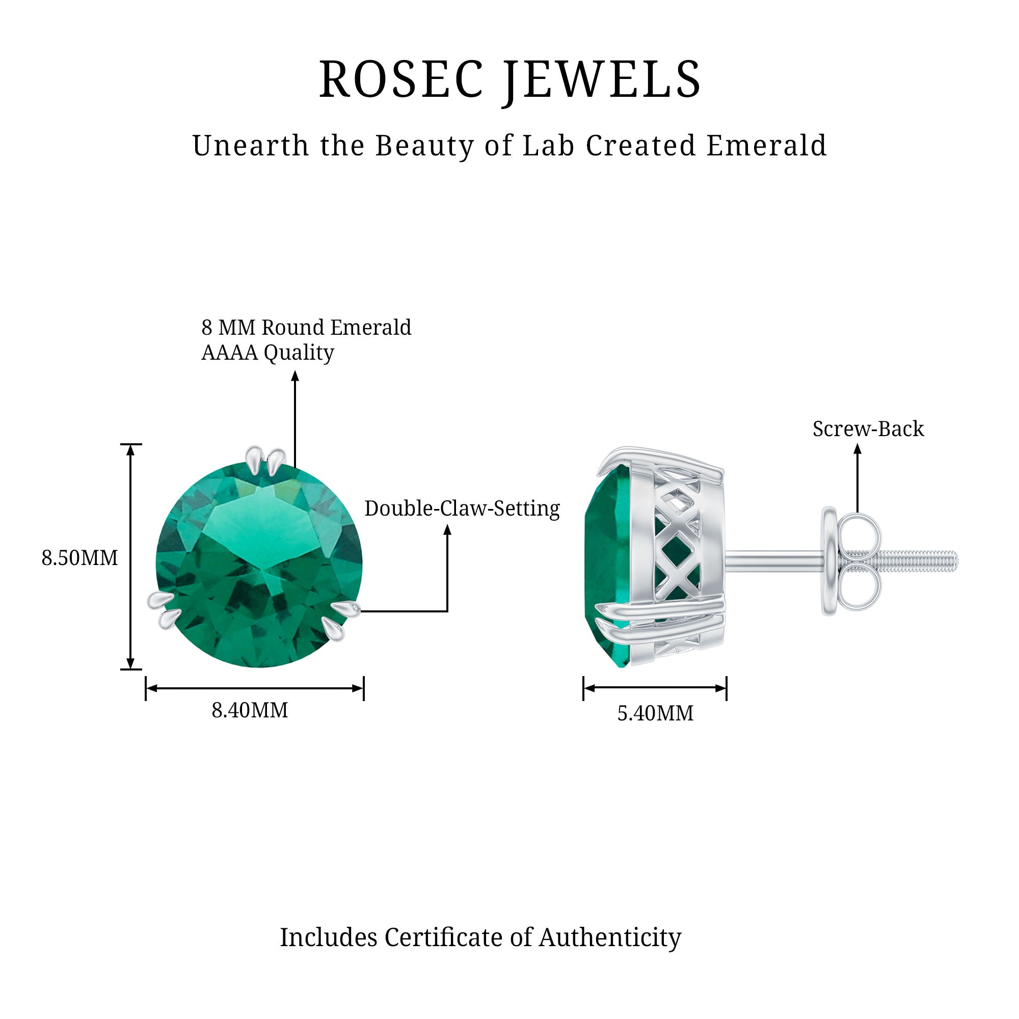 Lab Created Emerald Earrings – 4.3 Ct Solitaire Studs in Double Claw Setting
