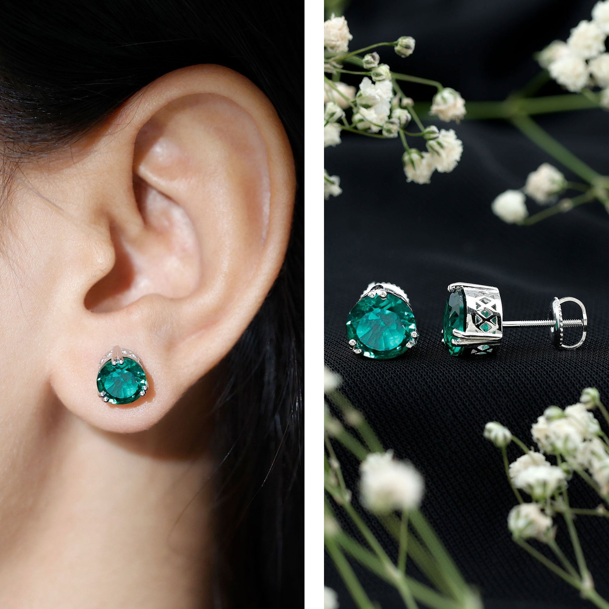 Lab Created Emerald Earrings – 4.3 Ct Solitaire Studs in Double Claw Setting