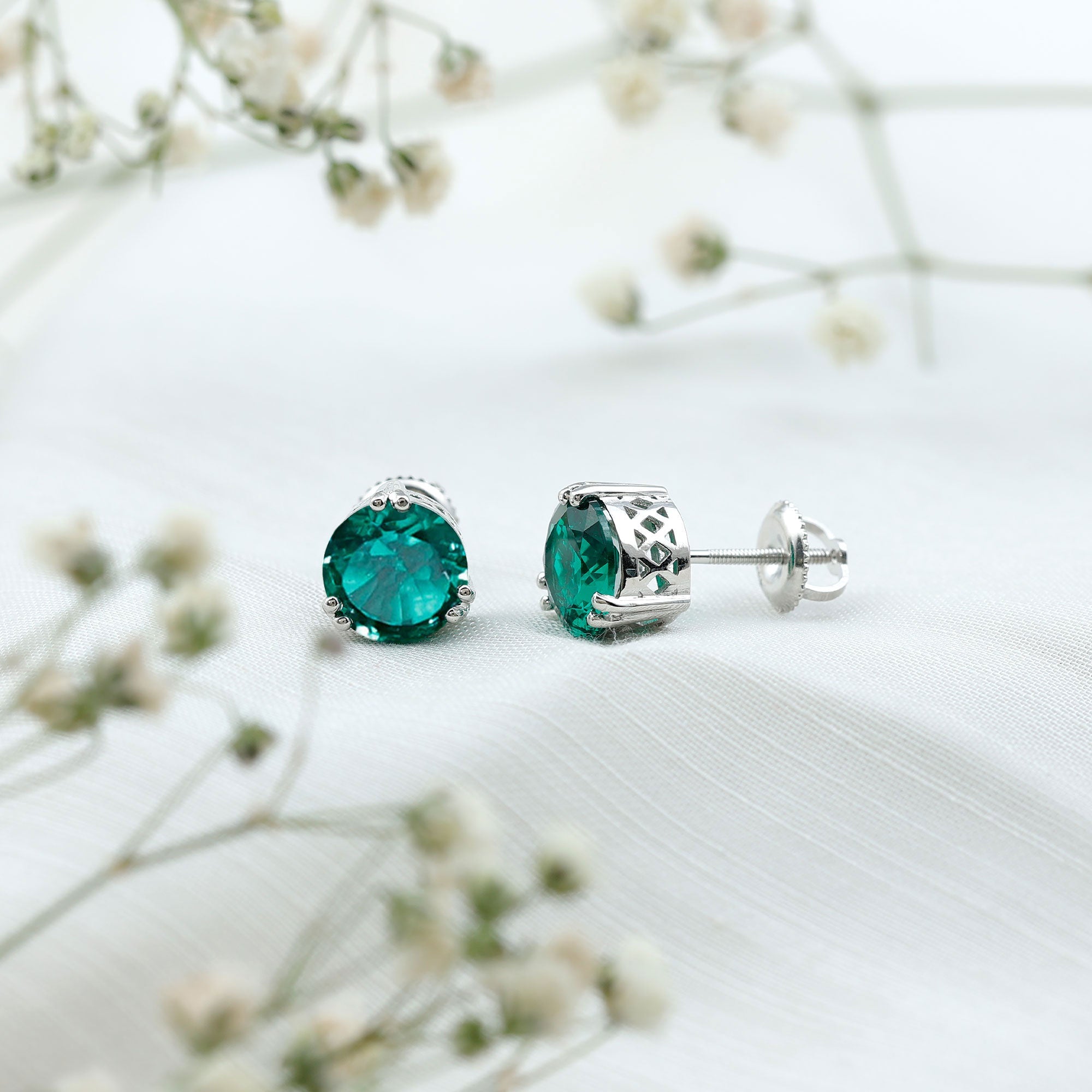 Lab Created Emerald Earrings – 4.3 Ct Solitaire Studs in Double Claw Setting