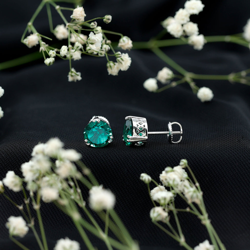 Lab Created Emerald Earrings – 4.3 Ct Solitaire Studs in Double Claw Setting