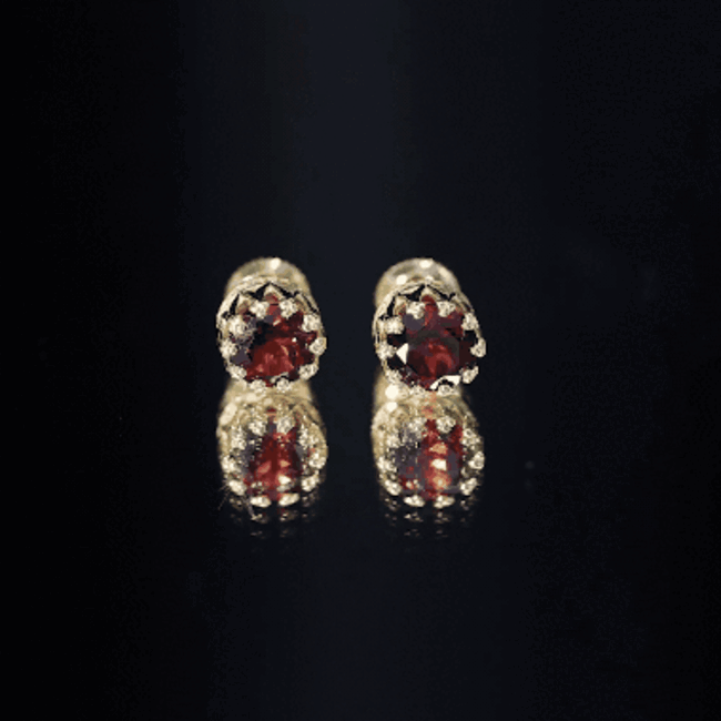 Garnet Crown Earrings – 3.4 Carat AAA Quality Yellow Gold Studs with Moissanite