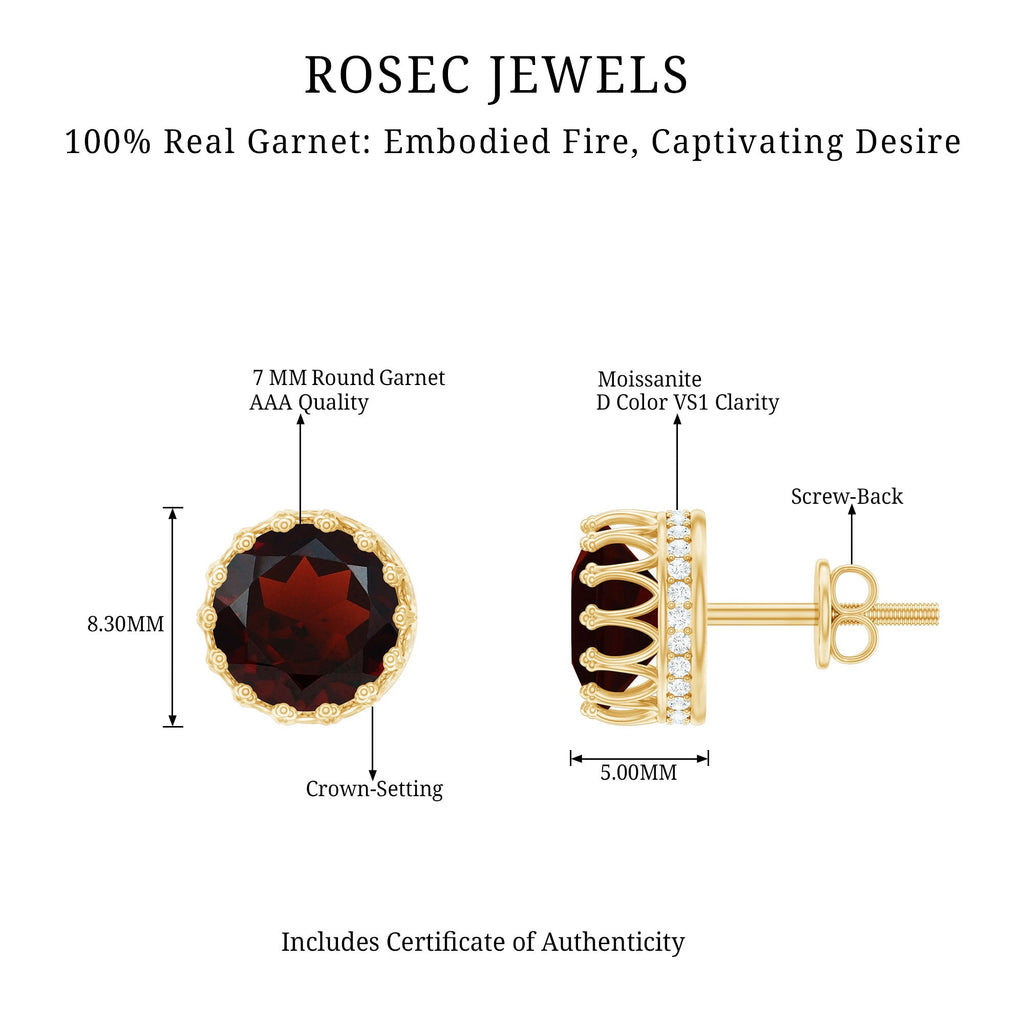 Garnet Crown Earrings – 3.4 Carat AAA Quality Yellow Gold Studs with Moissanite